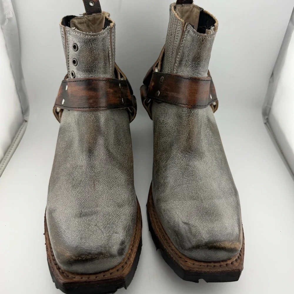 Freebird Whiskey‎ Harness Boots 9 Grey Leather Square Toe Excellent Distressed
